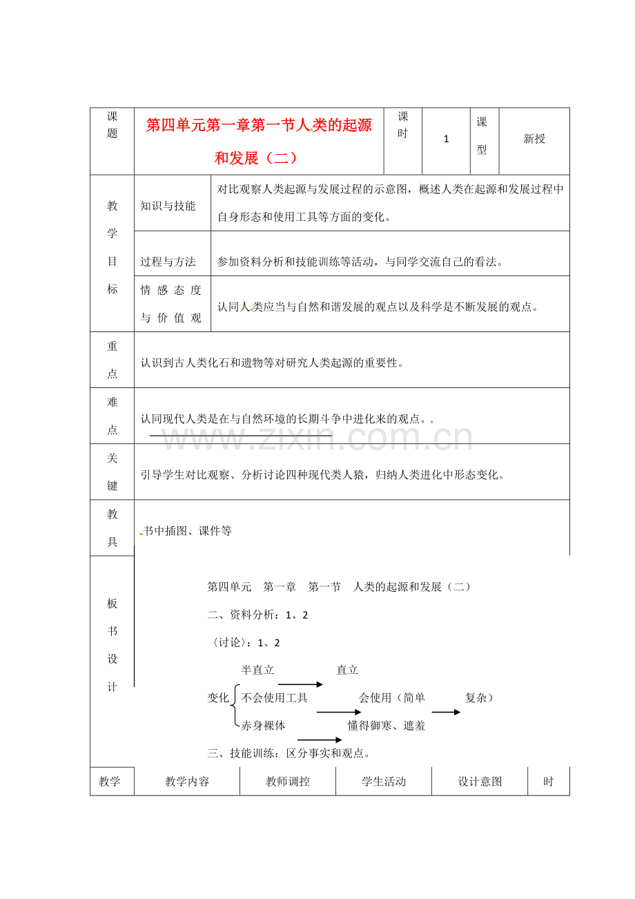 辽宁省大连市第四十二中学七年级生物下册 第一章 第一节 人类的起源和发展（二）教案 新人教版.doc_第1页