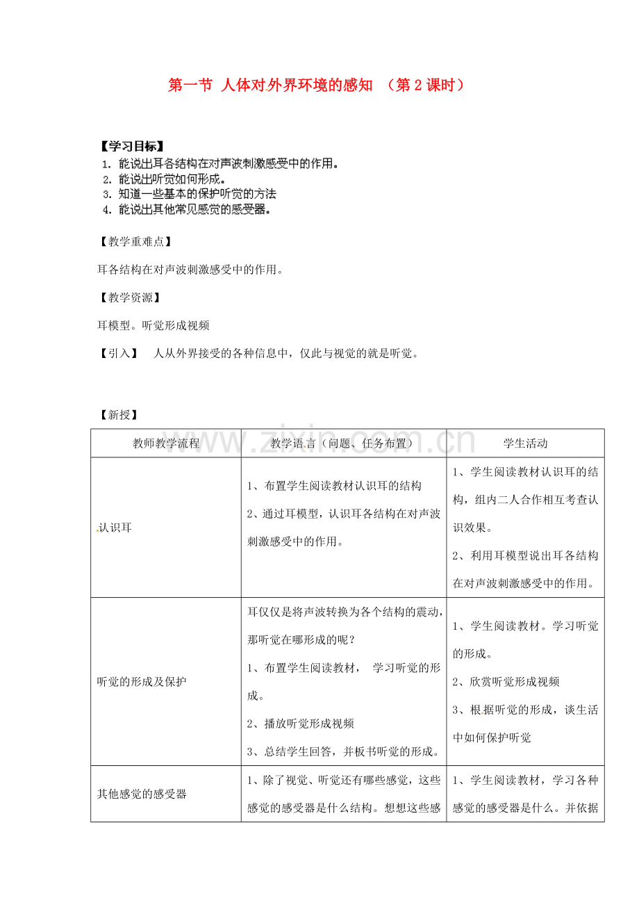 湖南省株洲县渌口镇中学七年级生物下册 第四单元 第六章 第一节 人体对外界环境的感知（第2课时）教案 新人教版.doc_第1页