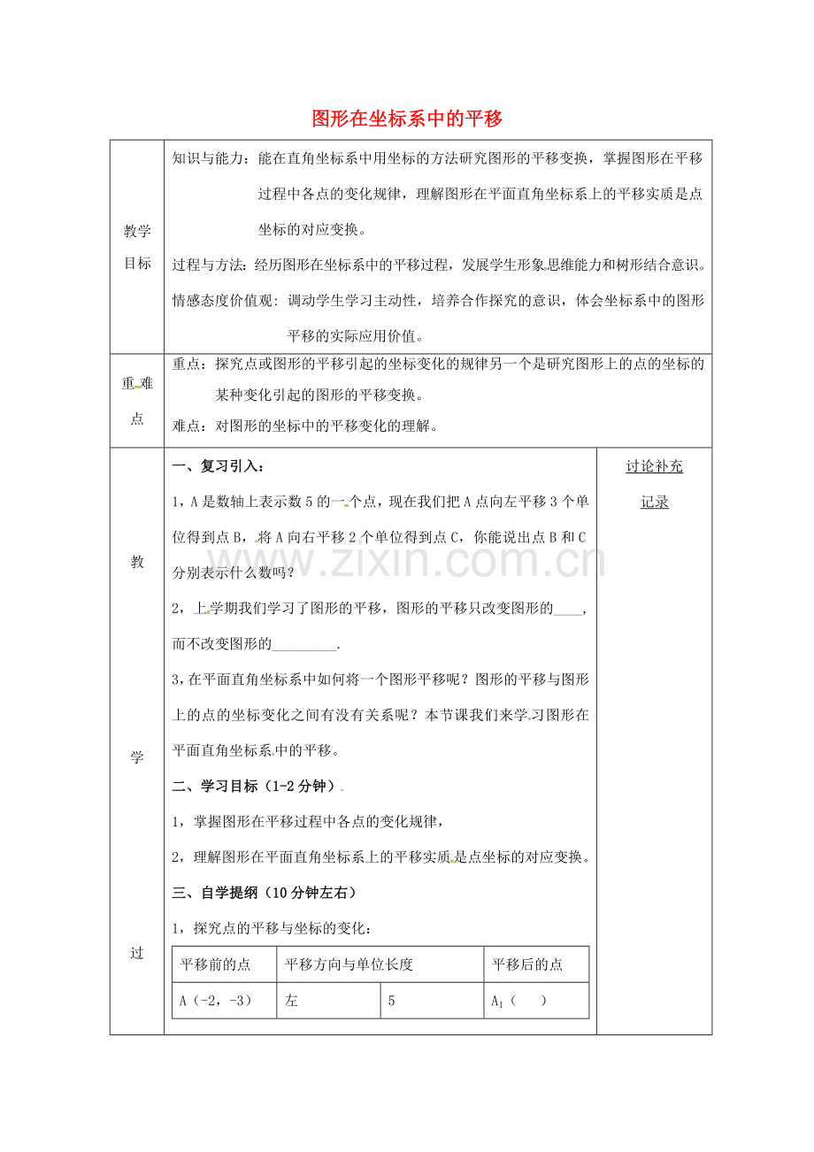 安徽省固镇县八年级数学上册 11.2 图形在坐标系中的平移教案 （新版）沪科版-（新版）沪科版初中八年级上册数学教案.doc_第1页