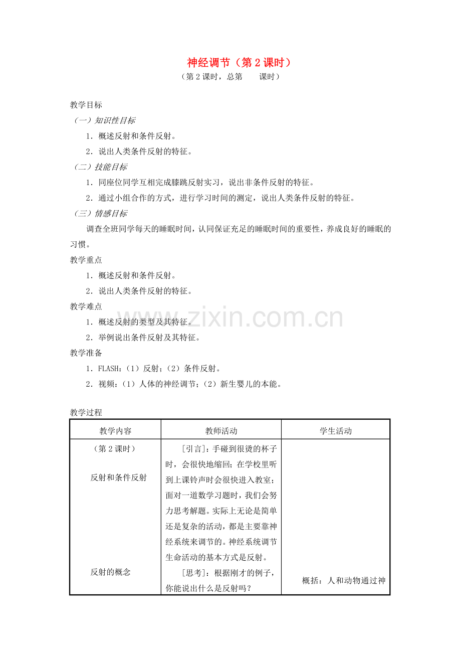七年级生物下册 12.2人体的神经调节（第2课时）教案 （新版）苏教版-（新版）苏教版初中七年级下册生物教案.doc_第1页