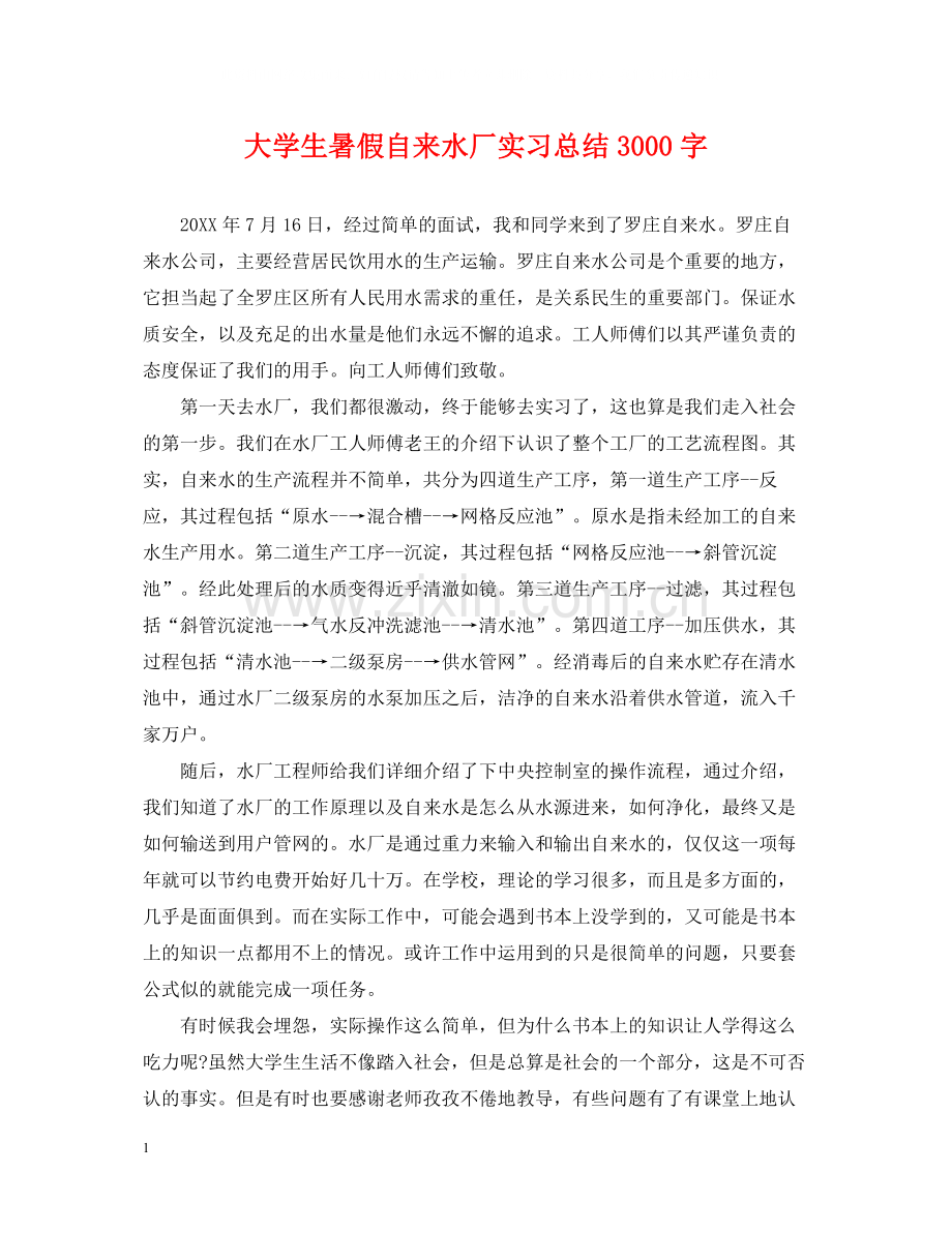 大学生暑假自来水厂实习总结3000字.docx_第1页