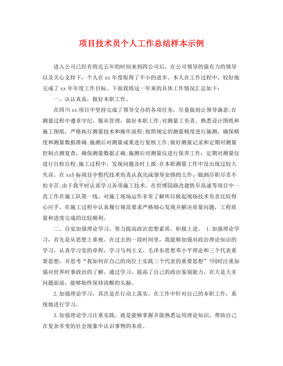 项目技术员个人工作总结样本示例 .docx_第1页