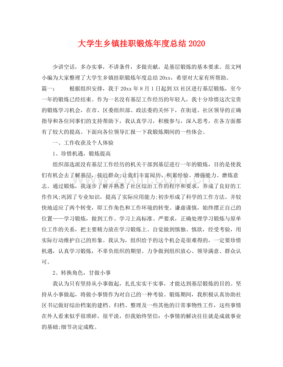 大学生乡镇挂职锻炼年度总结2020 .docx_第1页