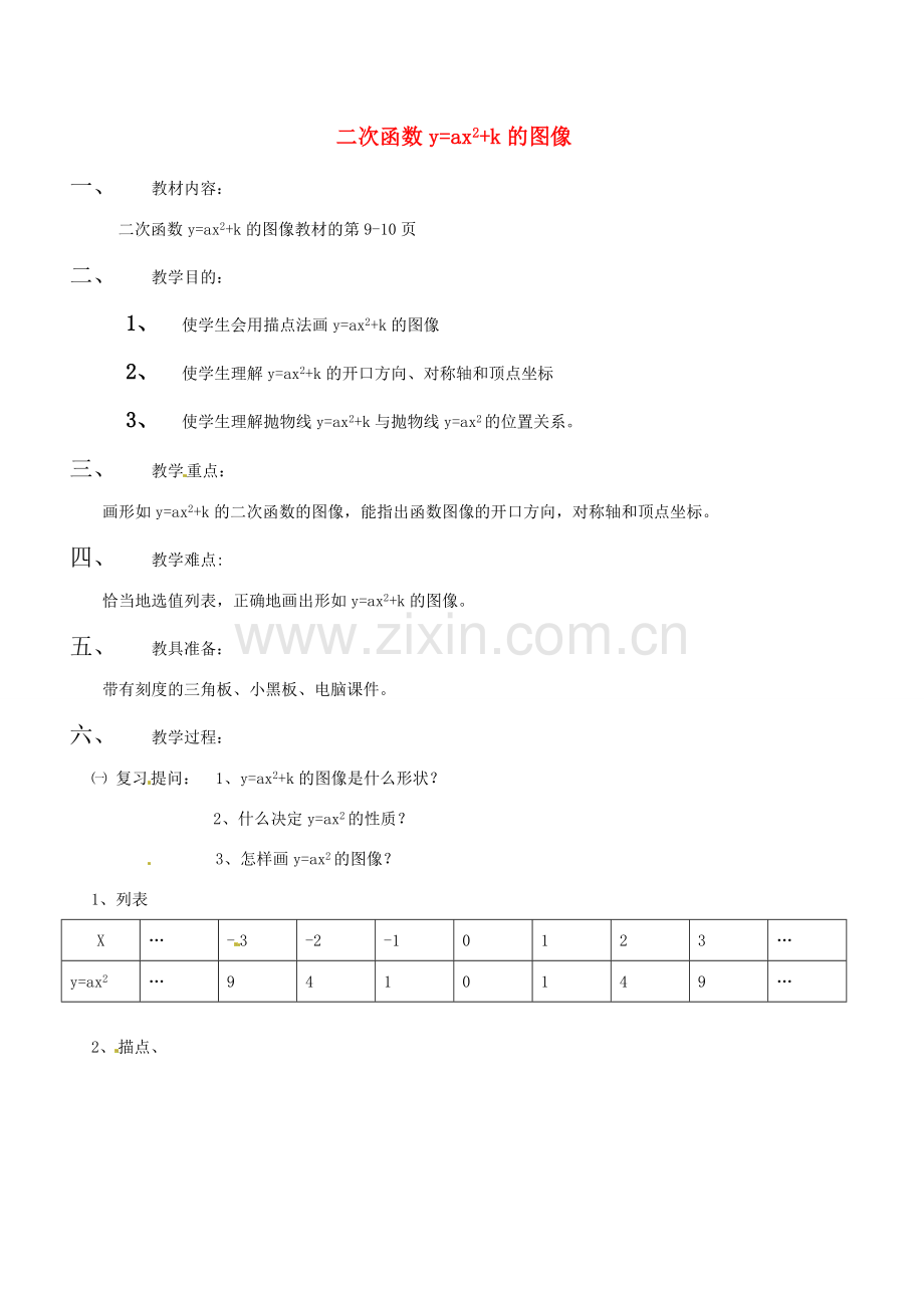 新疆乌鲁木齐市九年级数学《二次函数y=ax2+k的图像》教案.doc_第1页