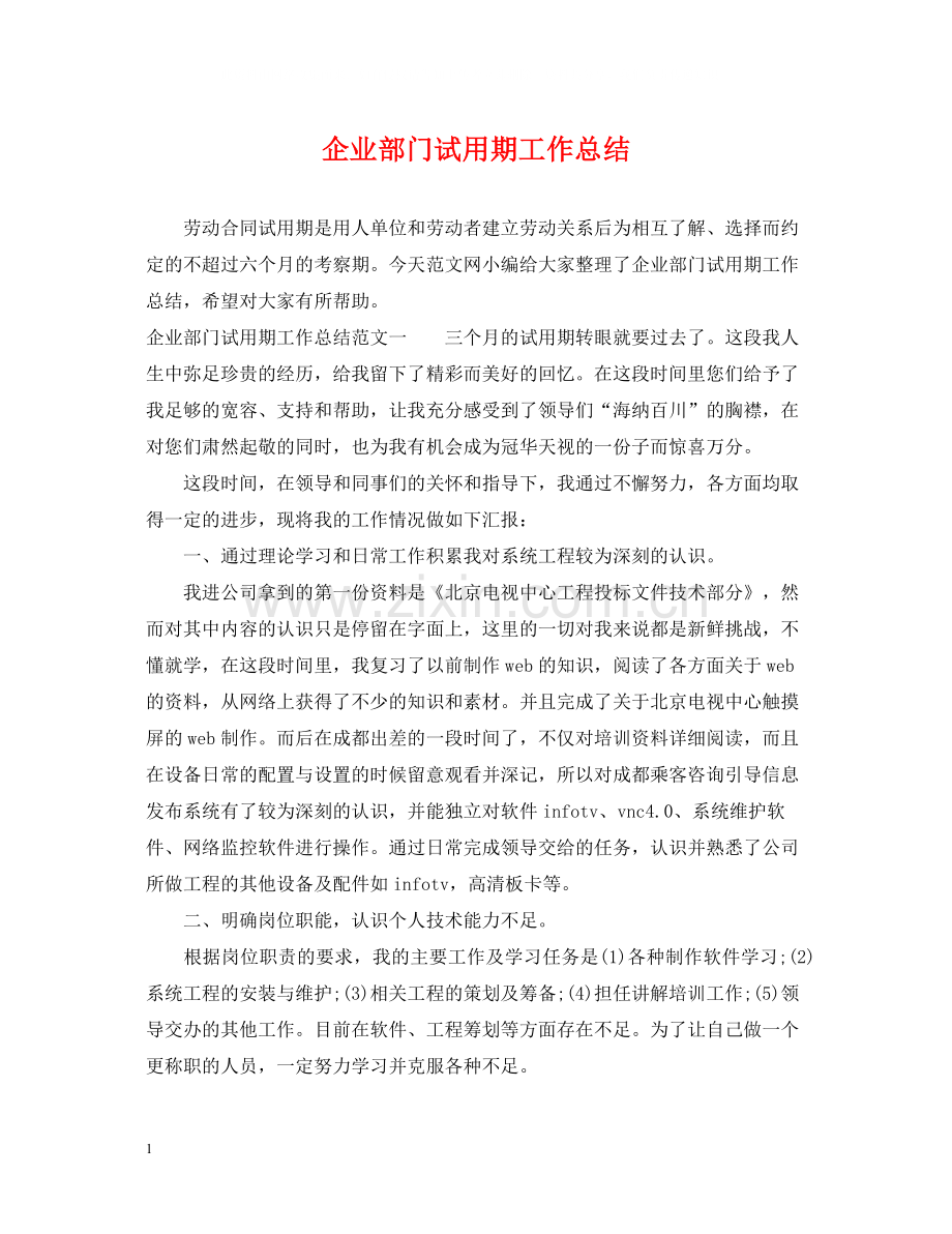 企业部门试用期工作总结.docx_第1页