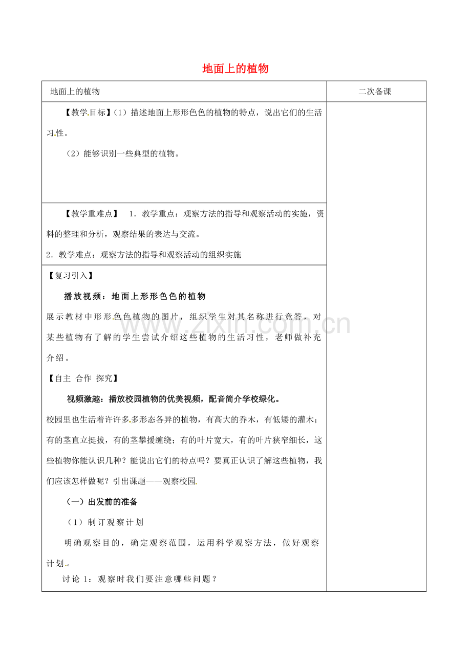 江苏省泗洪县七年级生物下册 5.11.1 地面上的植物教案3 （新版）苏科版-（新版）苏科版初中七年级下册生物教案.doc_第1页