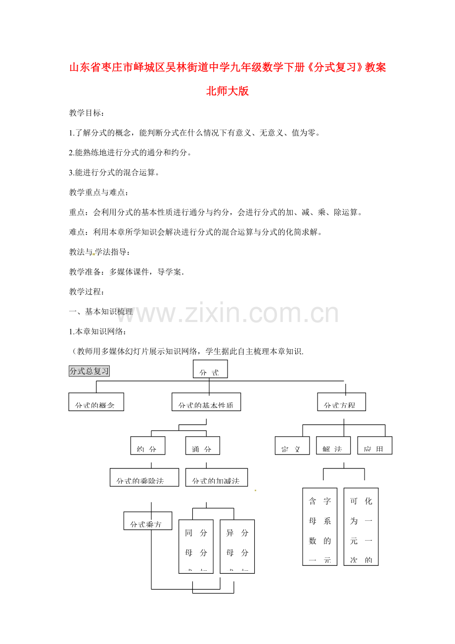 山东省枣庄市峄城区吴林街道中学九年级数学下册《分式复习》教案 北师大版.doc_第1页