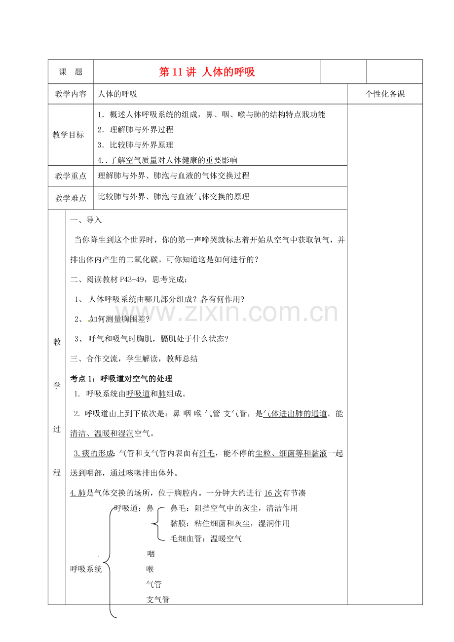 湖南省茶陵县世纪星实验学校八年级生物复习《第11讲 人体的呼吸》教案（1） 人教新课标版.doc_第1页