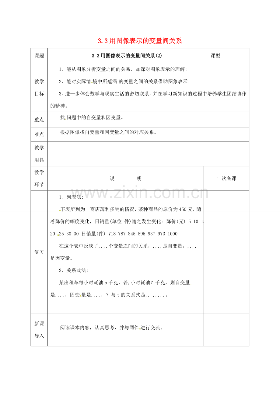 河北省邯郸市肥乡县七年级数学下册 第三章 变量之间的关系 3.3.2 用图象表示变量间的关系教案 （新版）北师大版-（新版）北师大版初中七年级下册数学教案.doc_第1页