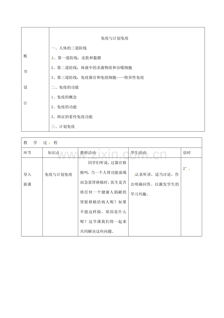 山东省临沭县第三初级中学八年级生物下册《8-1-2免疫与计划免疫》教案 新人教版.doc_第2页