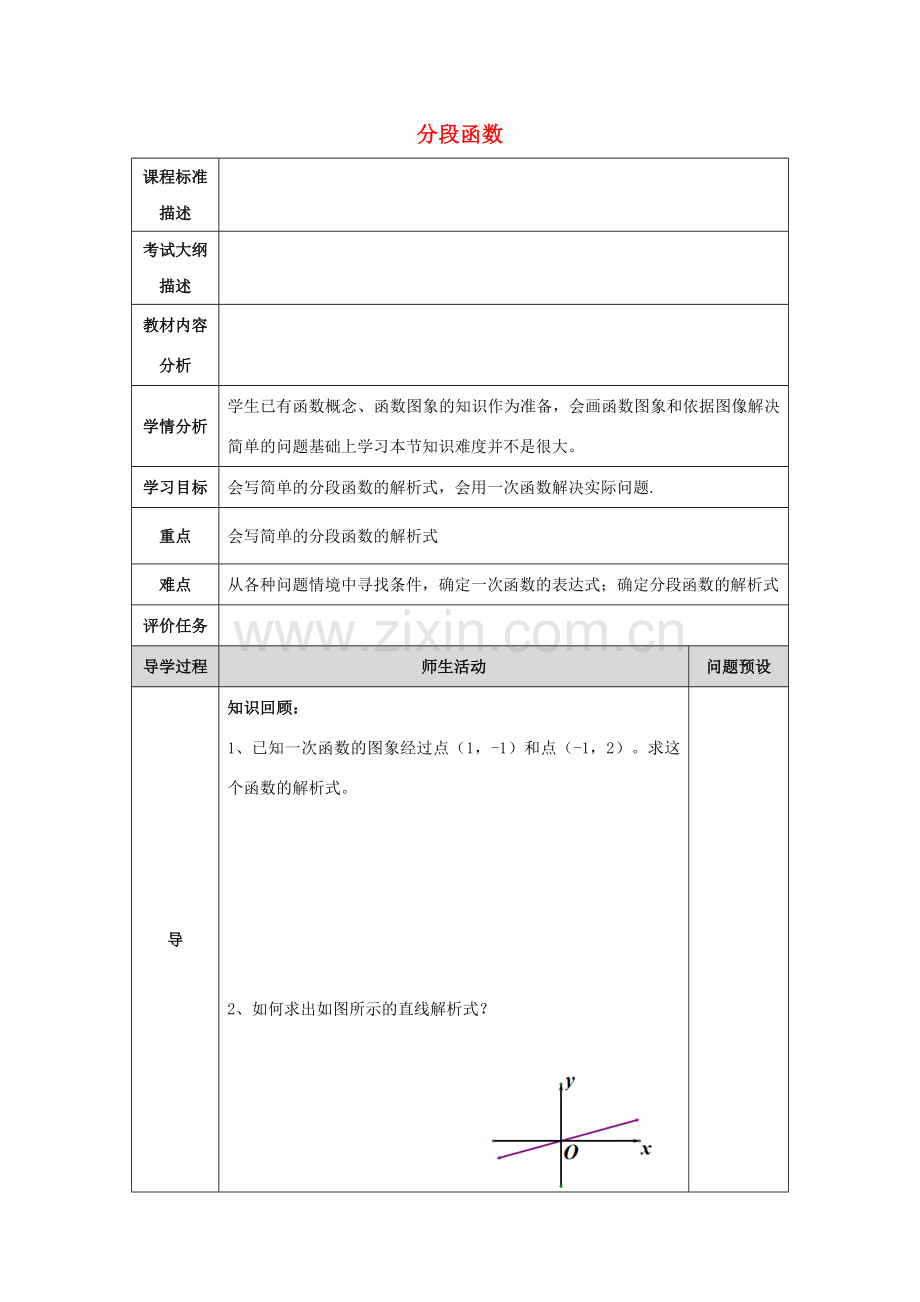 湖北省武汉市八年级数学下册 19.2 一次函数 19.2.2 分段函数教学设计 （新版）新人教版-（新版）新人教版初中八年级下册数学教案.doc_第1页