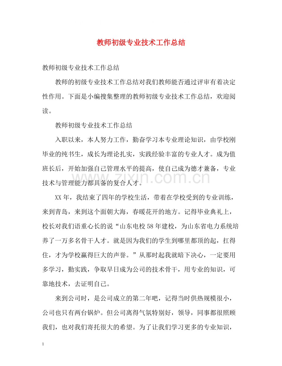 教师初级专业技术工作总结.docx_第1页