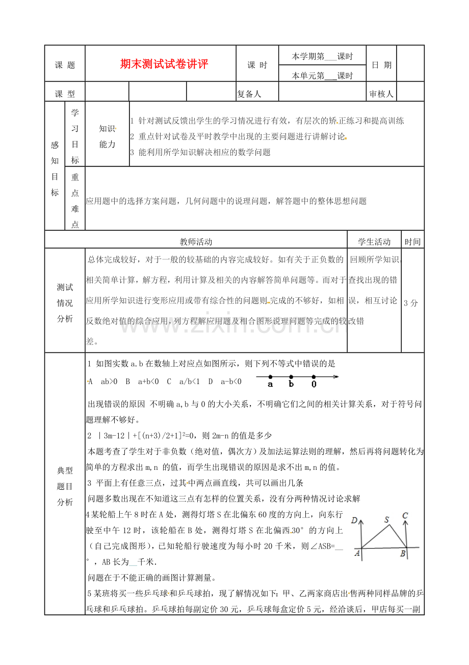 山东省滨州市邹平实验中学七年级数学下册 2期末试卷讲评教案 新人教版.doc_第1页