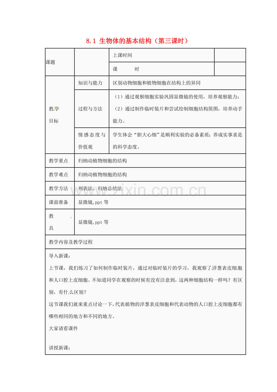 江苏省太仓市第二中学七年级生物下册 8.1 生物体的基本结构（第三课时）教案 苏科版.doc_第1页