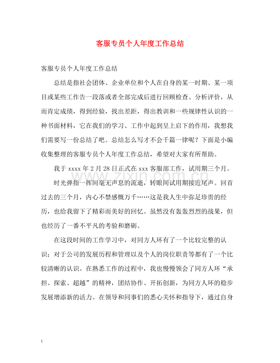 客服专员个人年度工作总结.docx_第1页