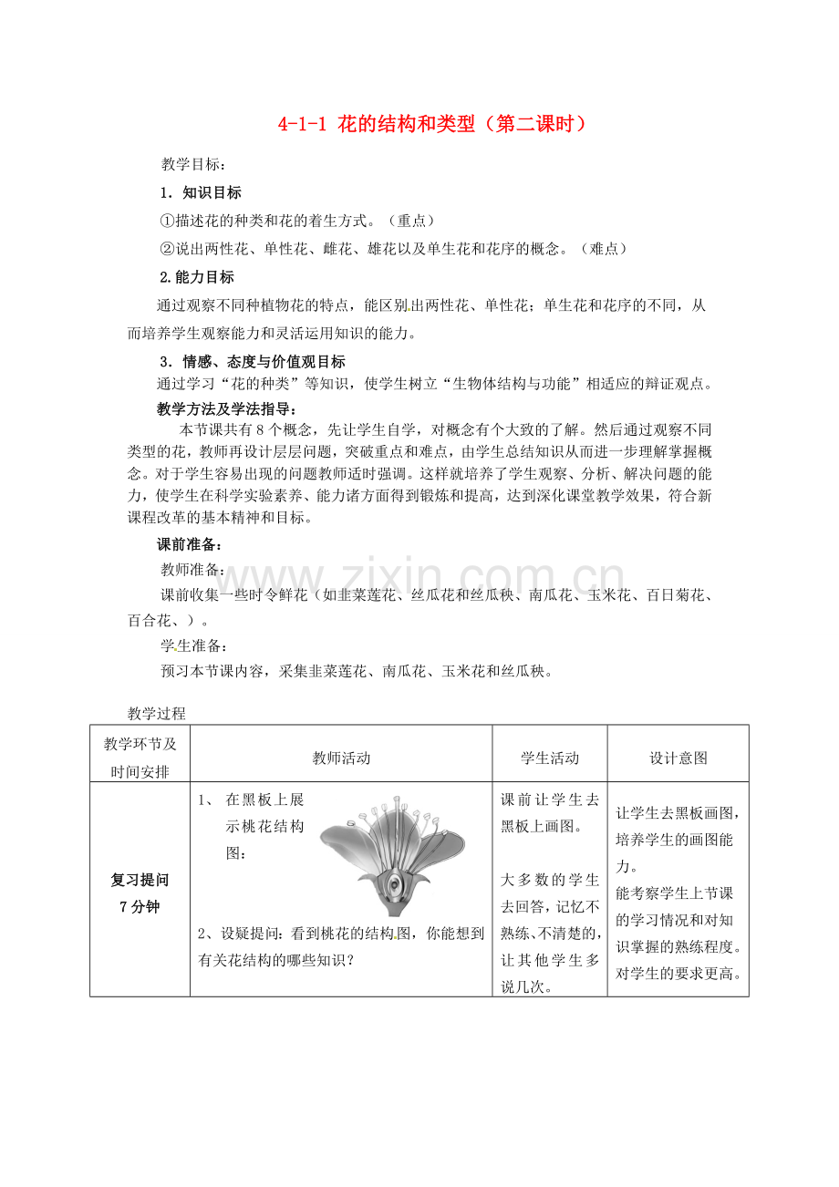 山东省枣庄市峄城区吴林街道中学八年级生物上册 4-1-1 花的结构和类型（第二课时）教案2 济南版.doc_第1页