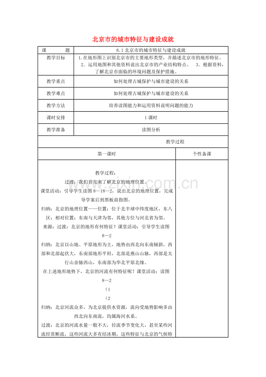 八年级地理下册 8.1北京市的城市特征与建设成就教案 （新版）湘教版-（新版）湘教版初中八年级下册地理教案.doc_第1页