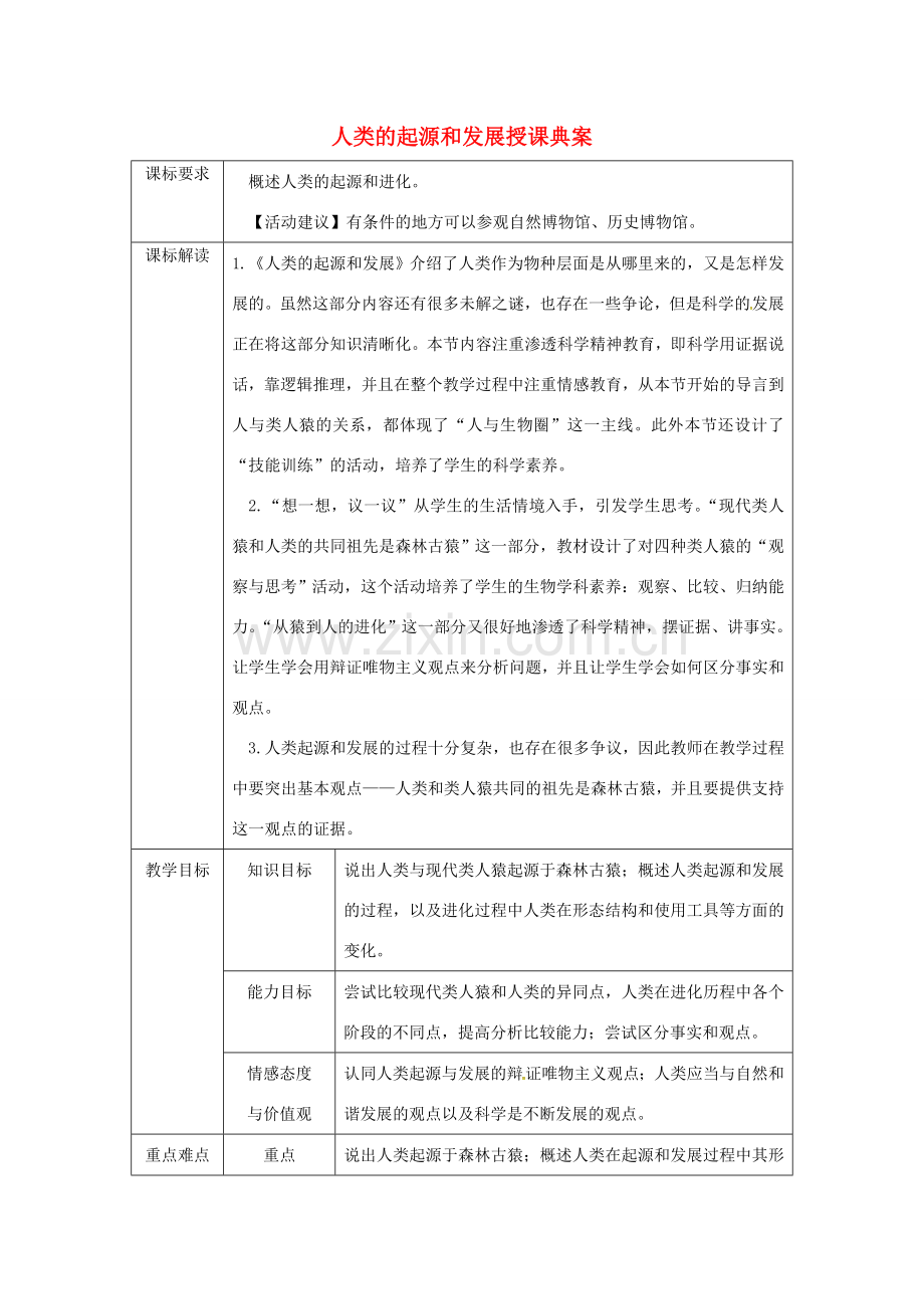 七年级生物下册 第四单元 第一章 第一节 人类的起源和发展授课典案 （新版）新人教版-（新版）新人教版初中七年级下册生物教案.doc_第1页