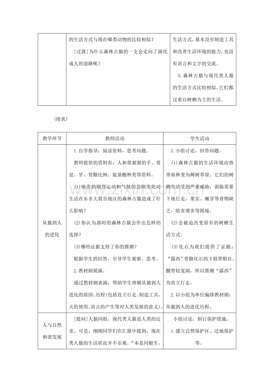 七年级生物下册 第四单元 第一章 第一节 人类的起源和发展授课典案 （新版）新人教版-（新版）新人教版初中七年级下册生物教案.doc_第3页