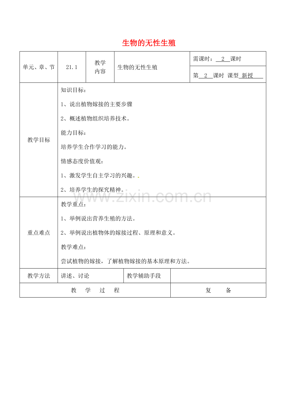 八年级生物下册 21.2 生物的无性生殖教案2 （新版）苏教版-（新版）苏教版初中八年级下册生物教案.doc_第1页