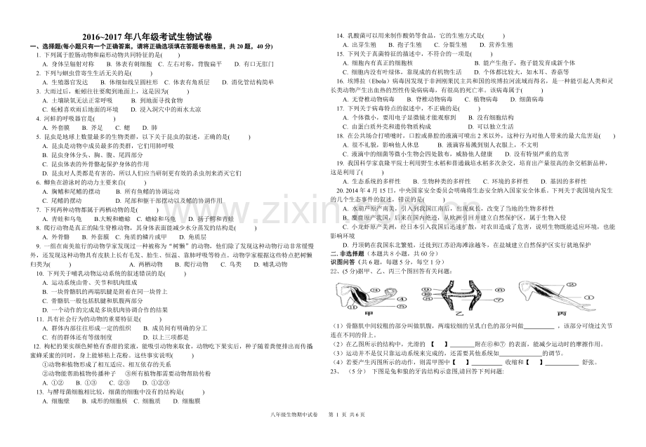 八年级上册生物期末试卷(人教版).doc_第1页