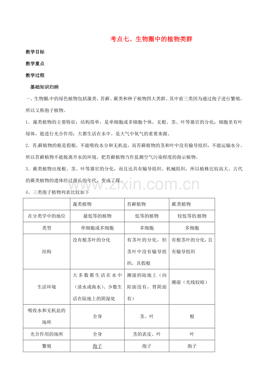 湖北省襄阳市第四十七中学九年级生物 考点七 生物圈中的植物类群教学案.doc_第1页