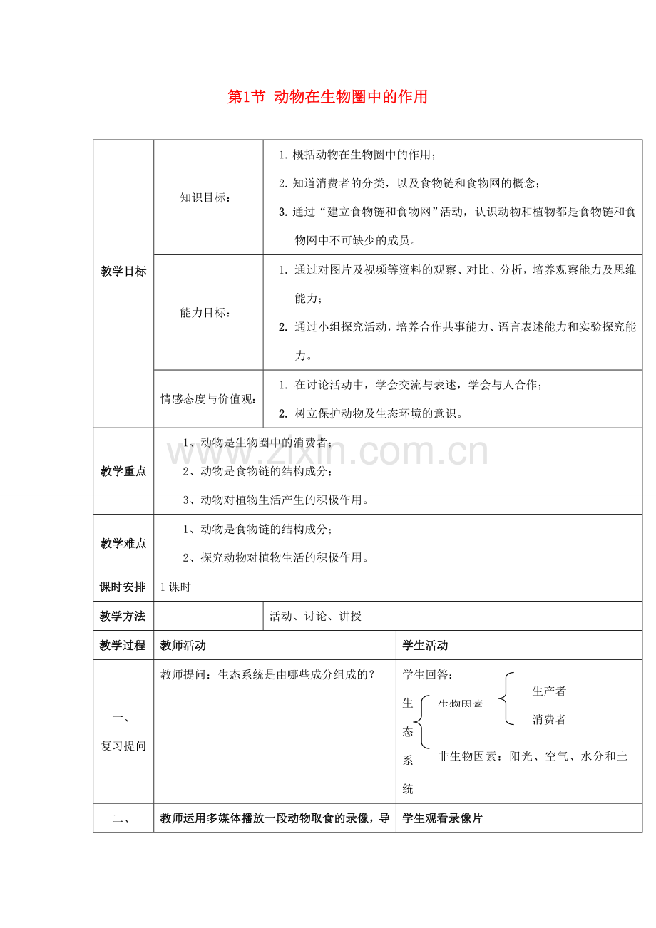 八年级生物上册 17.1《动物在生物圈中的作用》教案 （新版）北师大版-（新版）北师大版初中八年级上册生物教案.doc_第1页