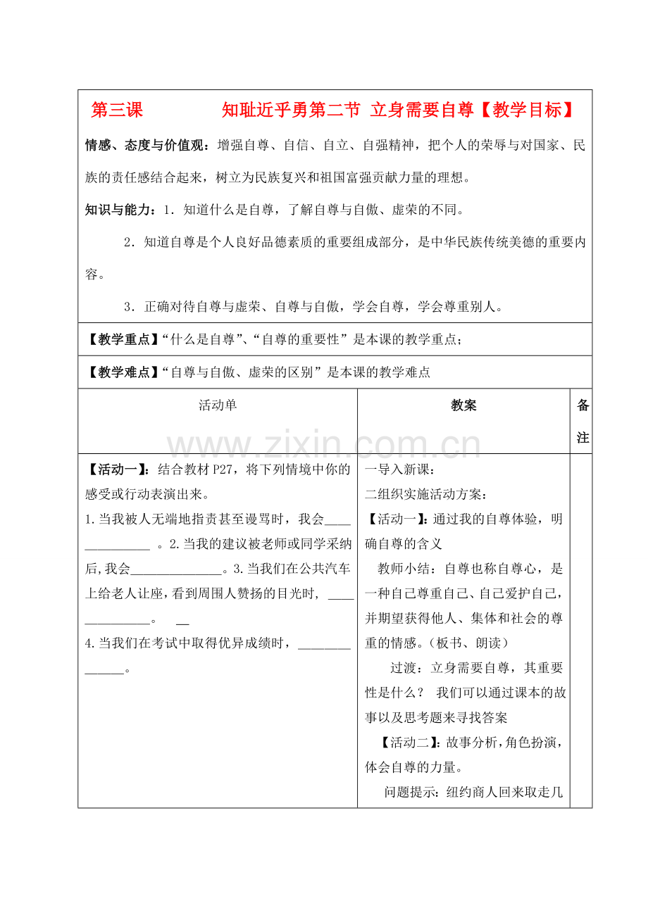 七年级政治上册 第二课第二节 立身需要自尊教案 苏教版.doc_第1页