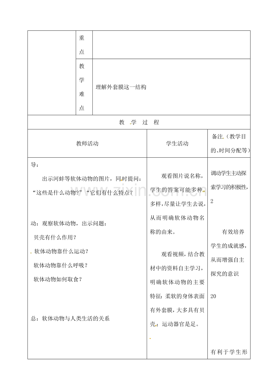 吉林省四平市第十七中学八年级生物上册 第三节 软体动物和节肢动物（第一课时）教案 （新版）新人教版.doc_第2页