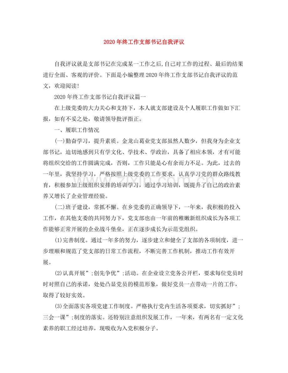 2020年终工作支部书记自我评议.docx_第1页