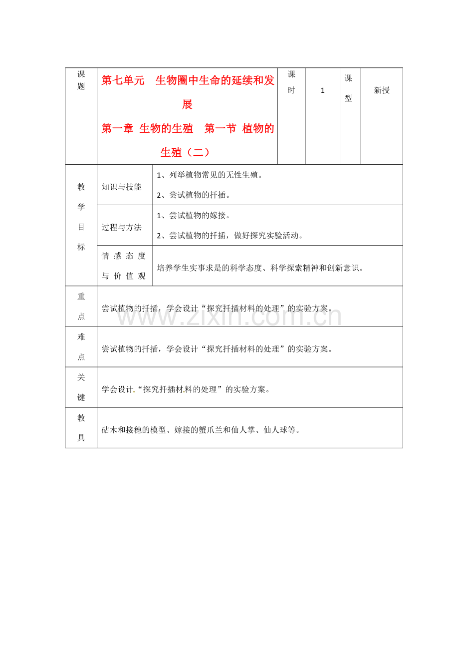 辽宁省大连市第四十二中学八年级生物下册 第七单元 第一章 第一节 植物的生殖（二）教案 新人教版.doc_第1页