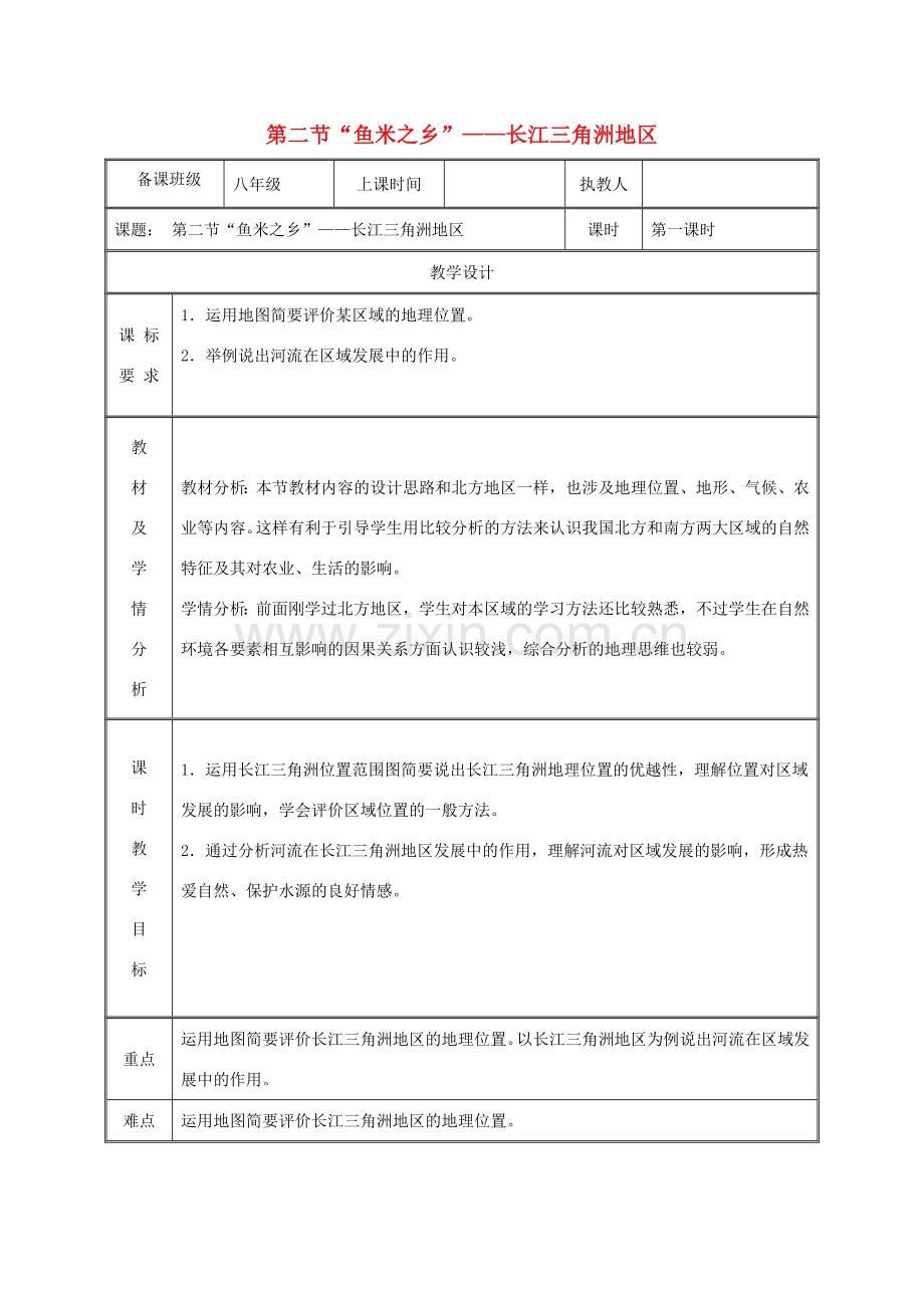 湖南省迎丰镇八年级地理下册 7.2“鱼米之乡”——长江三角洲地区教案1 （新版）新人教版-（新版）新人教版初中八年级下册地理教案.doc_第1页