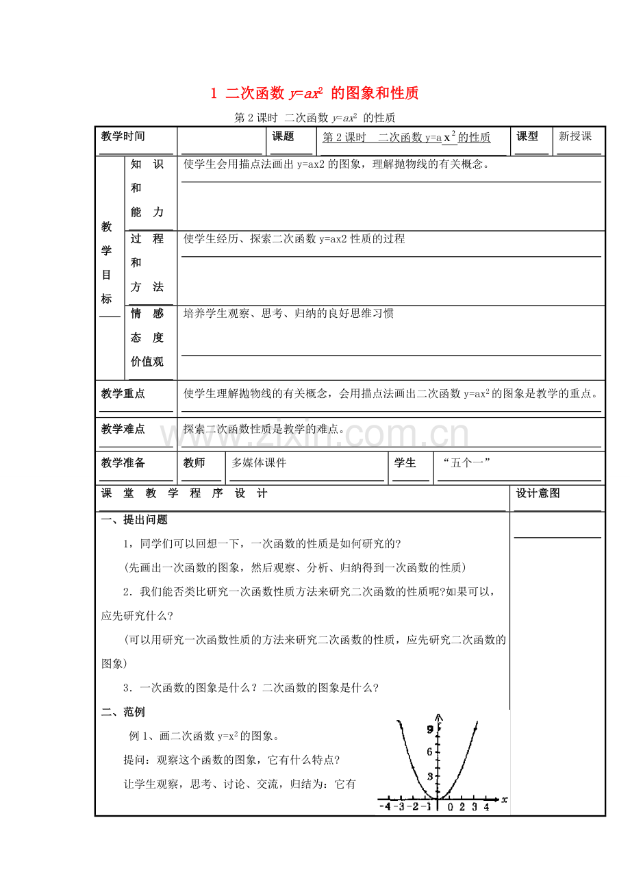 秋九年级数学上册 第21章 二次函数与反比例函数 21.2 二次函数的图象和性质 1 第2课时 二次函数yax2的性质教案1 （新版）沪科版-（新版）沪科版初中九年级上册数学教案.doc_第1页