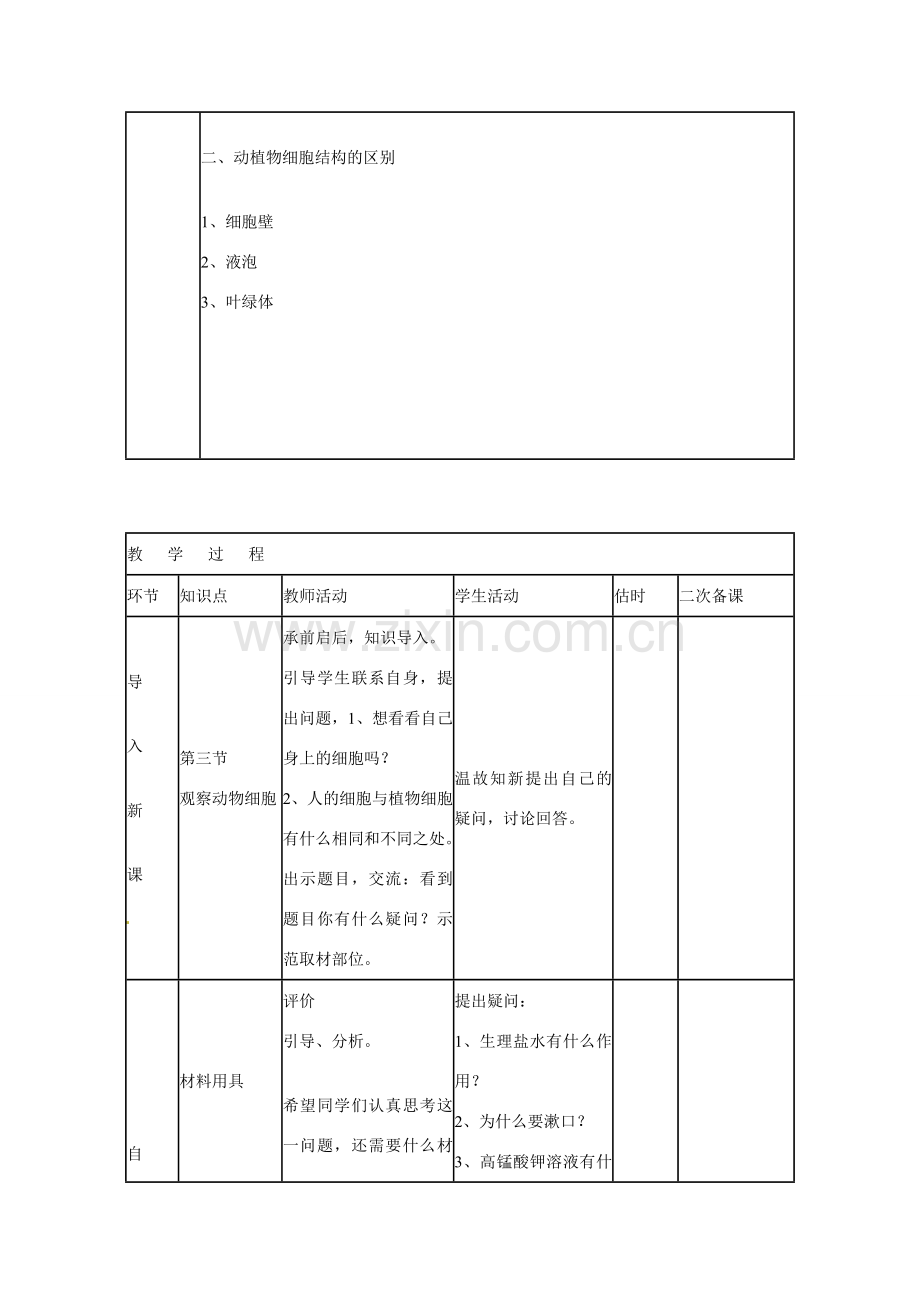 山东省临沭县第三初级中学七年级生物上册 动物细胞教案 新人教版.doc_第2页