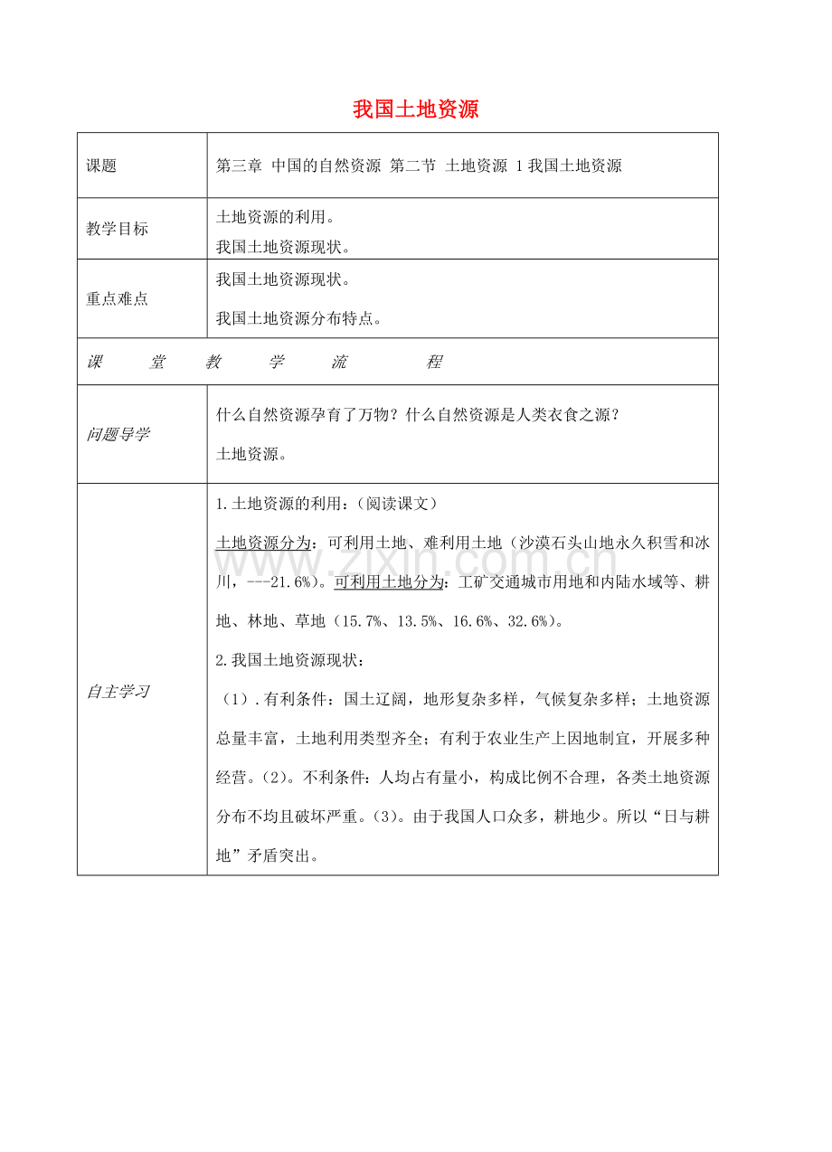 八年级地理上册 第三章 第二节 土地资源（我国土地资源）教案 （新版）新人教版-（新版）新人教版初中八年级上册地理教案.doc_第1页