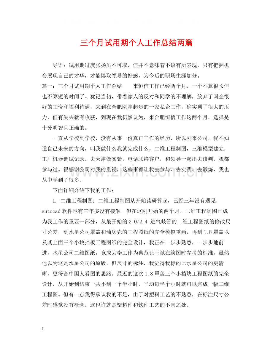 三个月试用期个人工作总结两篇.docx_第1页