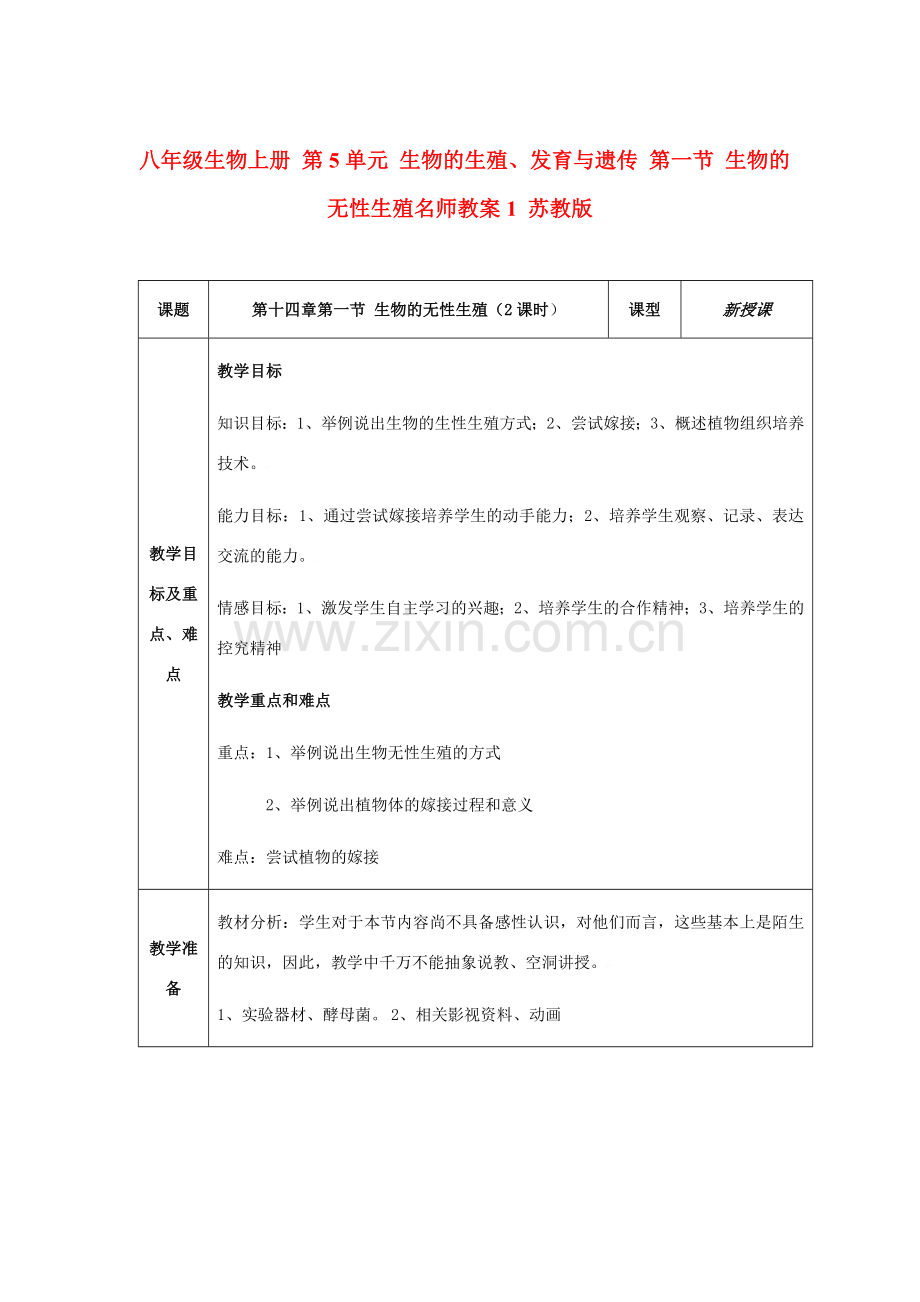 八年级生物上册 第5单元 生物的生殖、发育与遗传 第一节 生物的无性生殖名师教案1 苏教版.doc_第1页