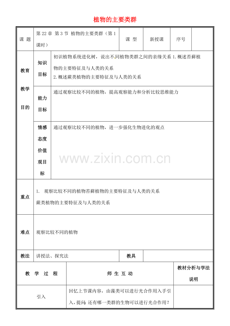 八年级生物下册 22.3 植物的主要类群教案 （新版）北师大版-（新版）北师大版初中八年级下册生物教案.doc_第1页