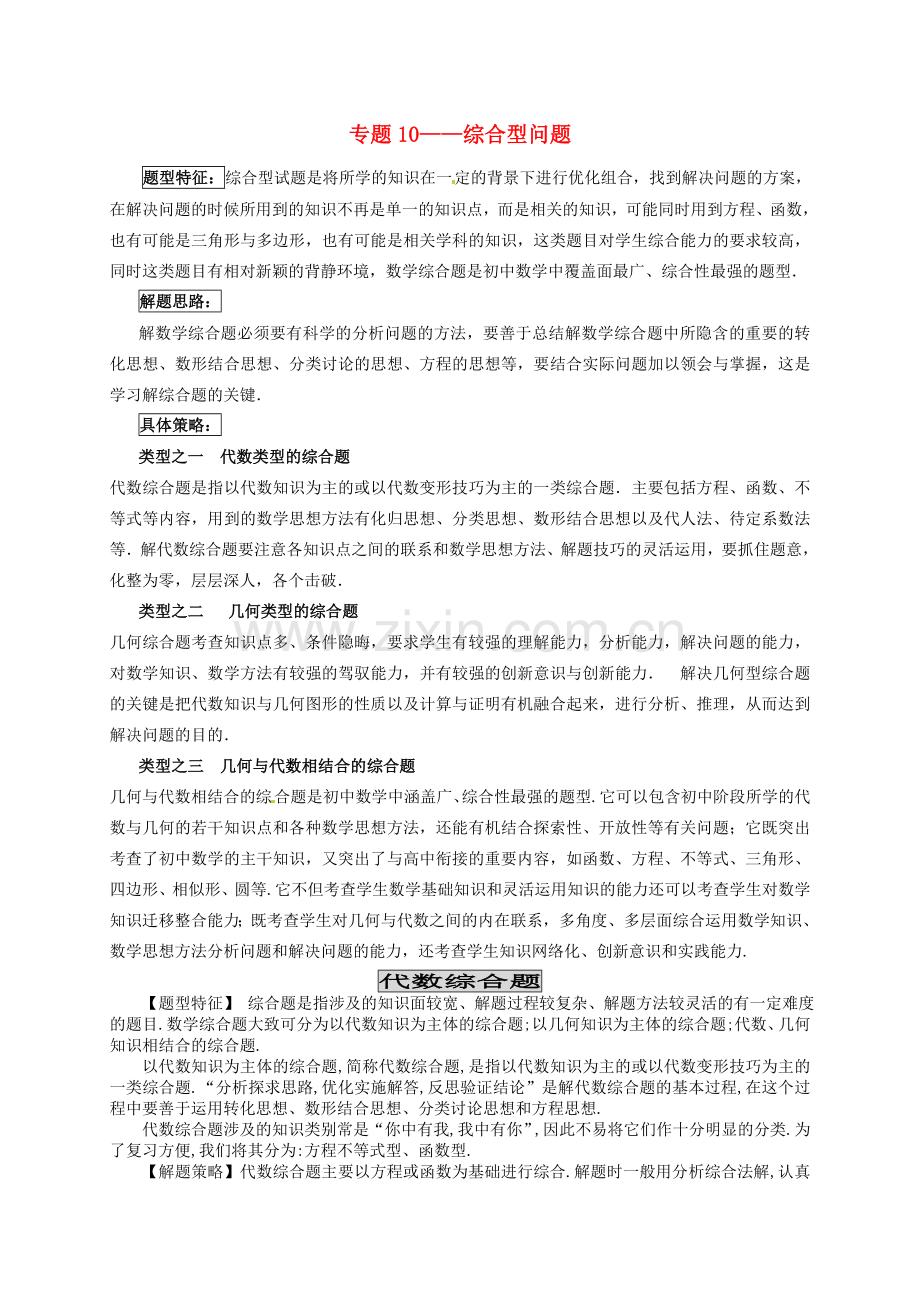 吉林省农安县新农乡中考数学二轮专题复习 专题十 综合型问题教案-人教版初中九年级全册数学教案.doc_第1页