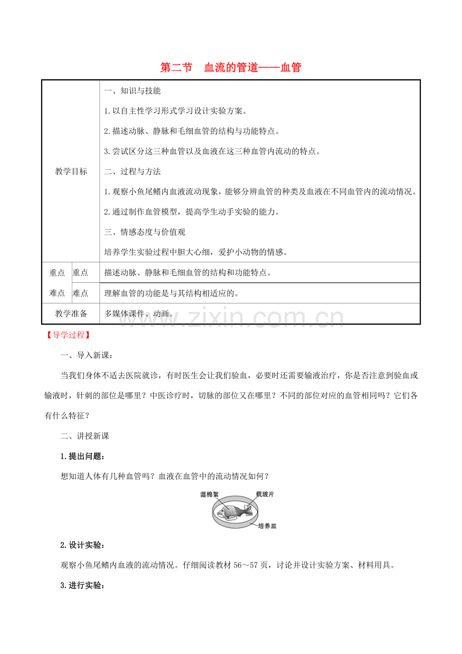 版七年级生物下册 第四单元 生物圈中的人 第四章 人体内物质的运输 2 血流的管道─血管教案 新人教版-新人教版初中七年级下册生物教案.doc_第1页