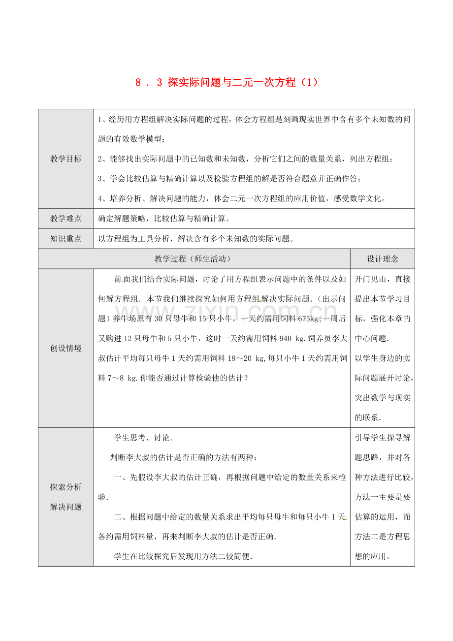 山东省德州市武城县四女寺镇七年级数学下册 第8章 二元一次方程组 8.3 实际问题与二元一次方程组（一）教案 新人教版-新人教版初中七年级下册数学教案.doc_第1页