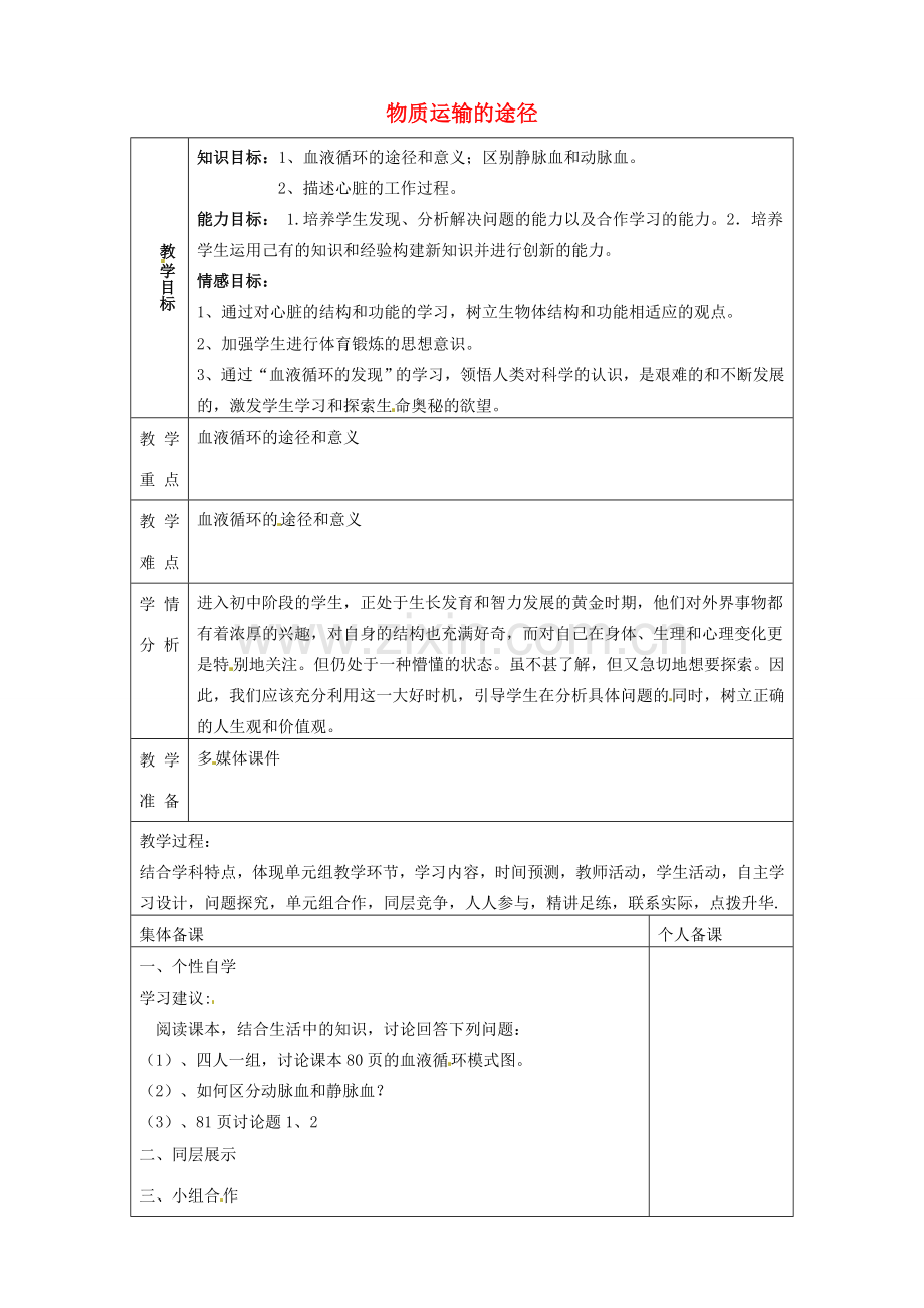 山东省淄博市临淄区第八中学七年级生物下册 物质运输的途径教案2 新人教版.doc_第1页