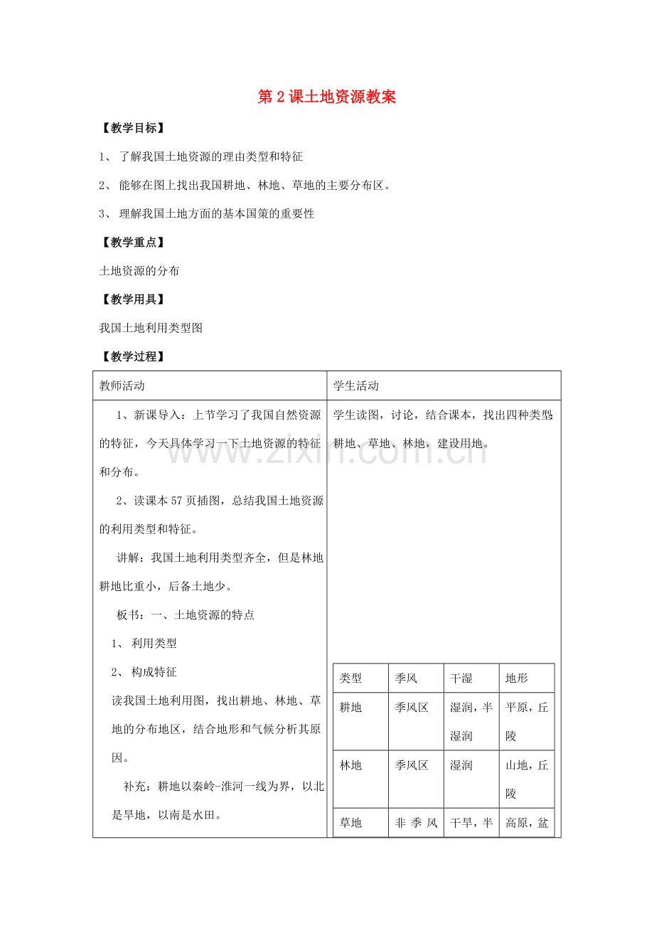 八年级地理上册 第三单元第2课土地资源教案 商务星球版.doc_第1页