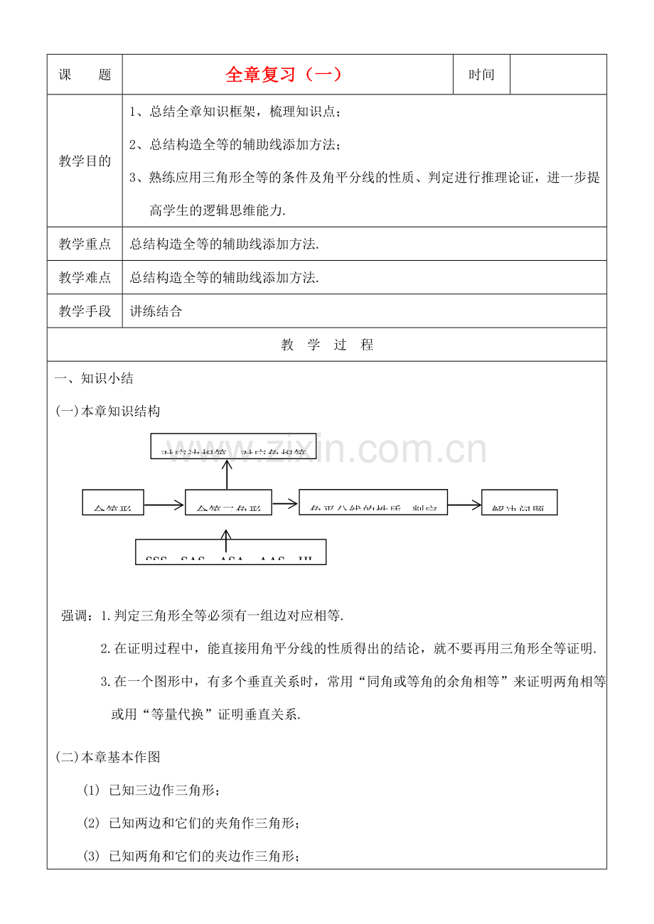 八年级数学上册 全等三角形全章复习(1)教案 人教新课标版.doc_第1页