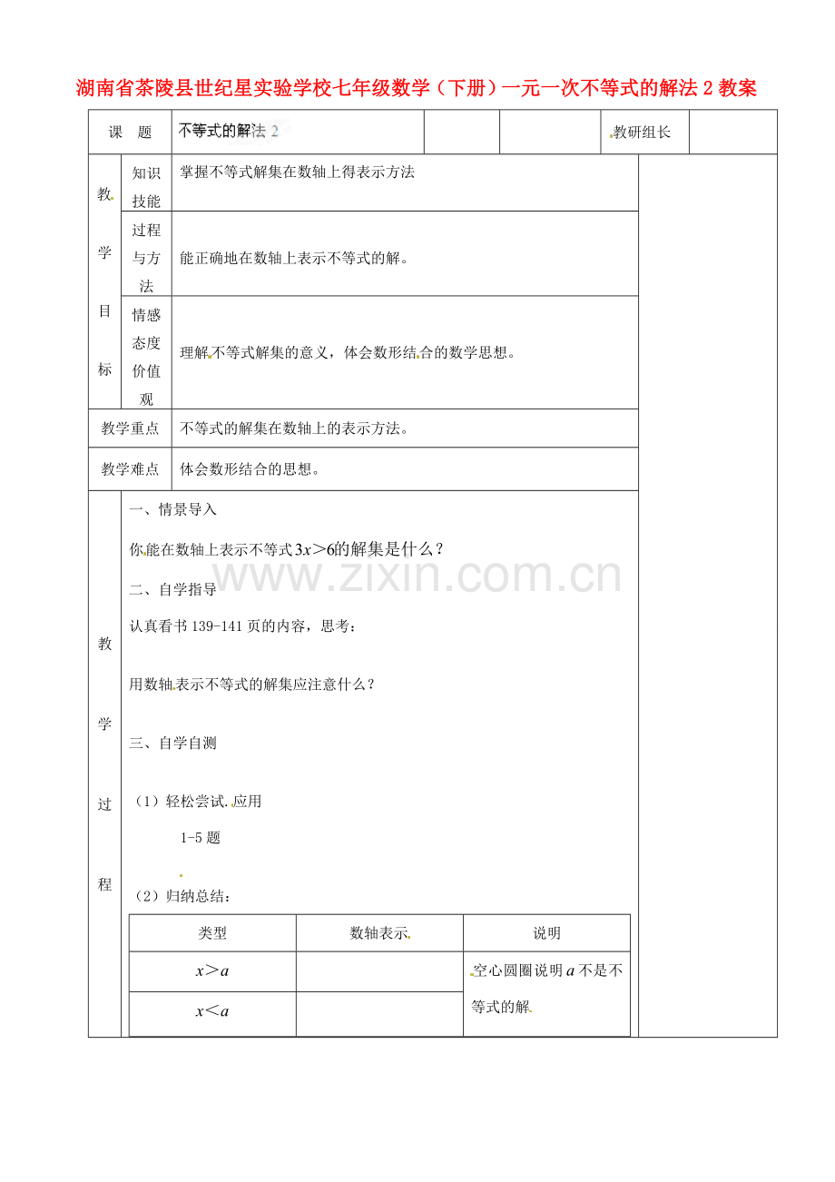 湖南省茶陵县世纪星实验学校七年级数学下册 一元一次不等式的解法教案2.doc_第1页