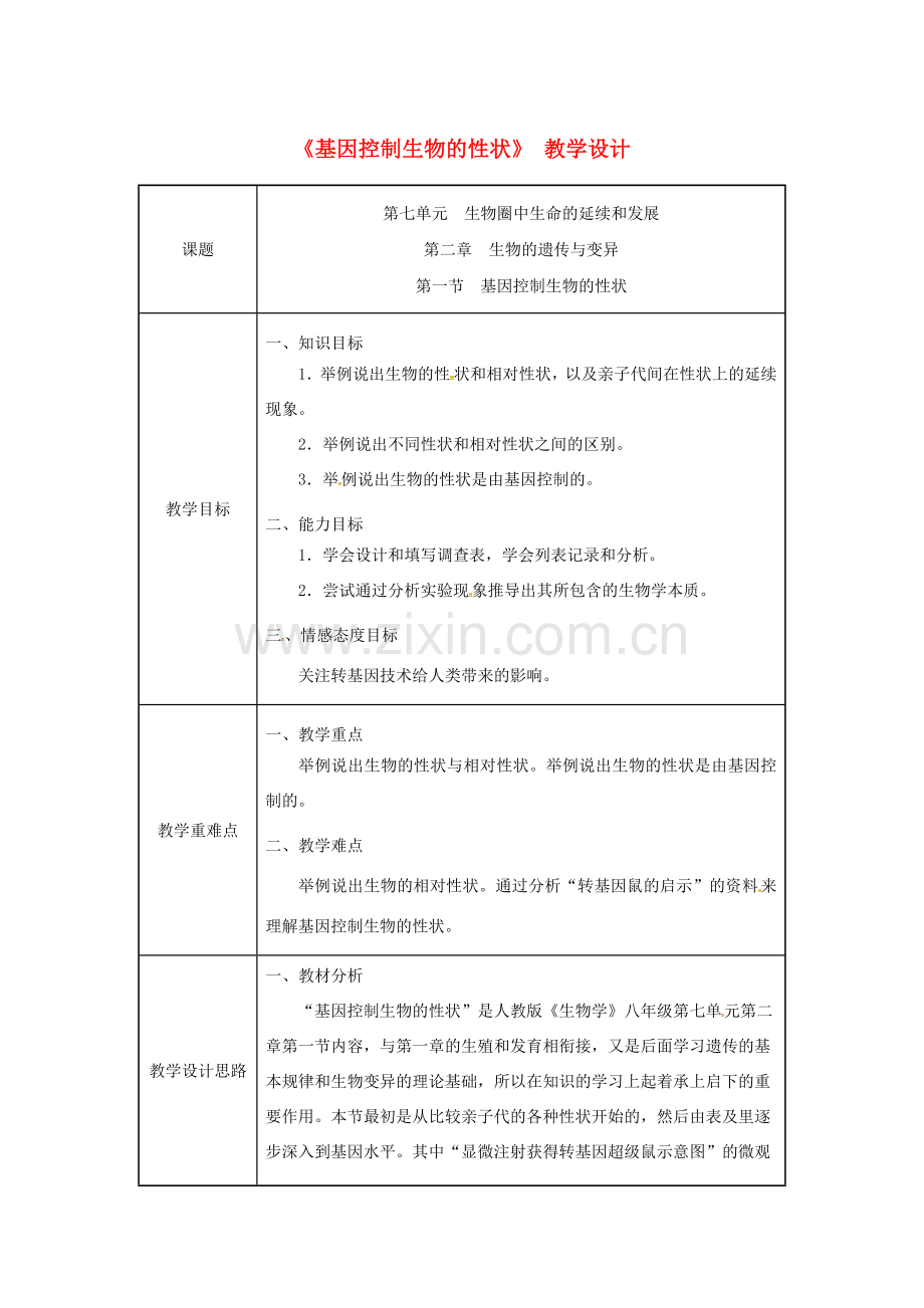 吉林省榆树市八年级生物下册 第七单元 第二章 第一节 基因控制生物的性状教案 （新版）新人教版-（新版）新人教版初中八年级下册生物教案.doc_第1页