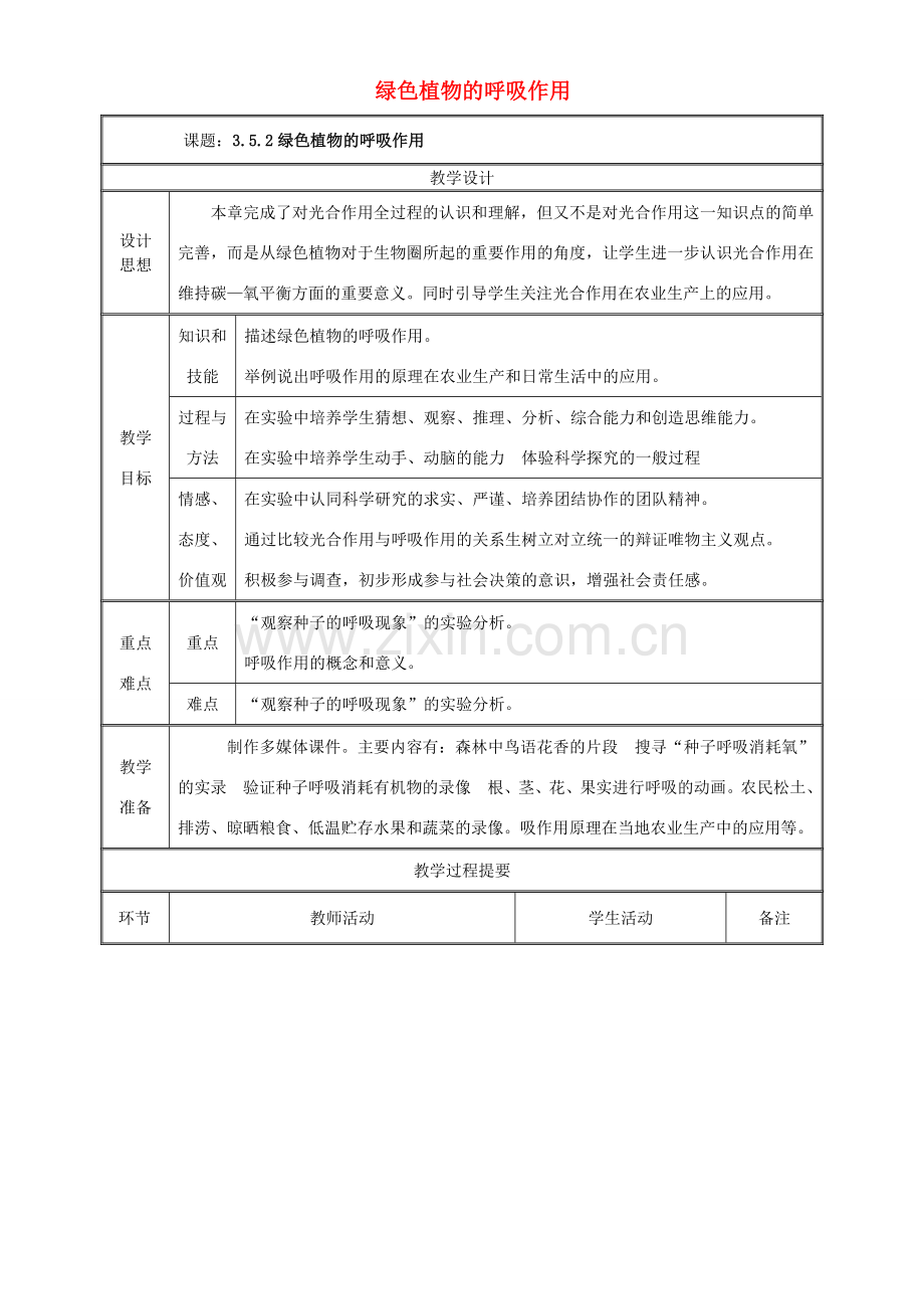 七年级生物上册 3.5.2 绿色植物的呼吸作用教案 （新版）新人教版-（新版）新人教版初中七年级上册生物教案.doc_第1页