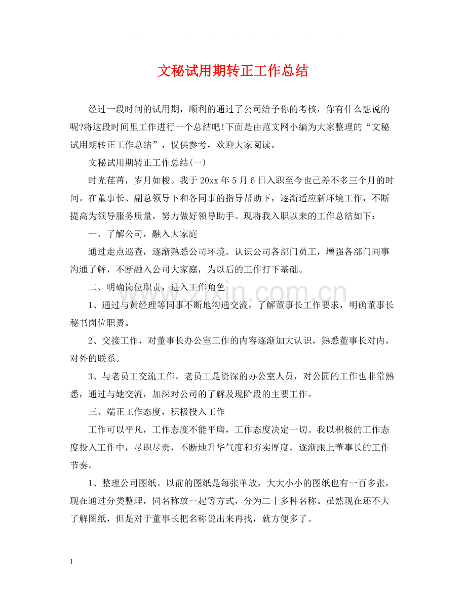 文秘试用期转正工作总结.docx_第1页