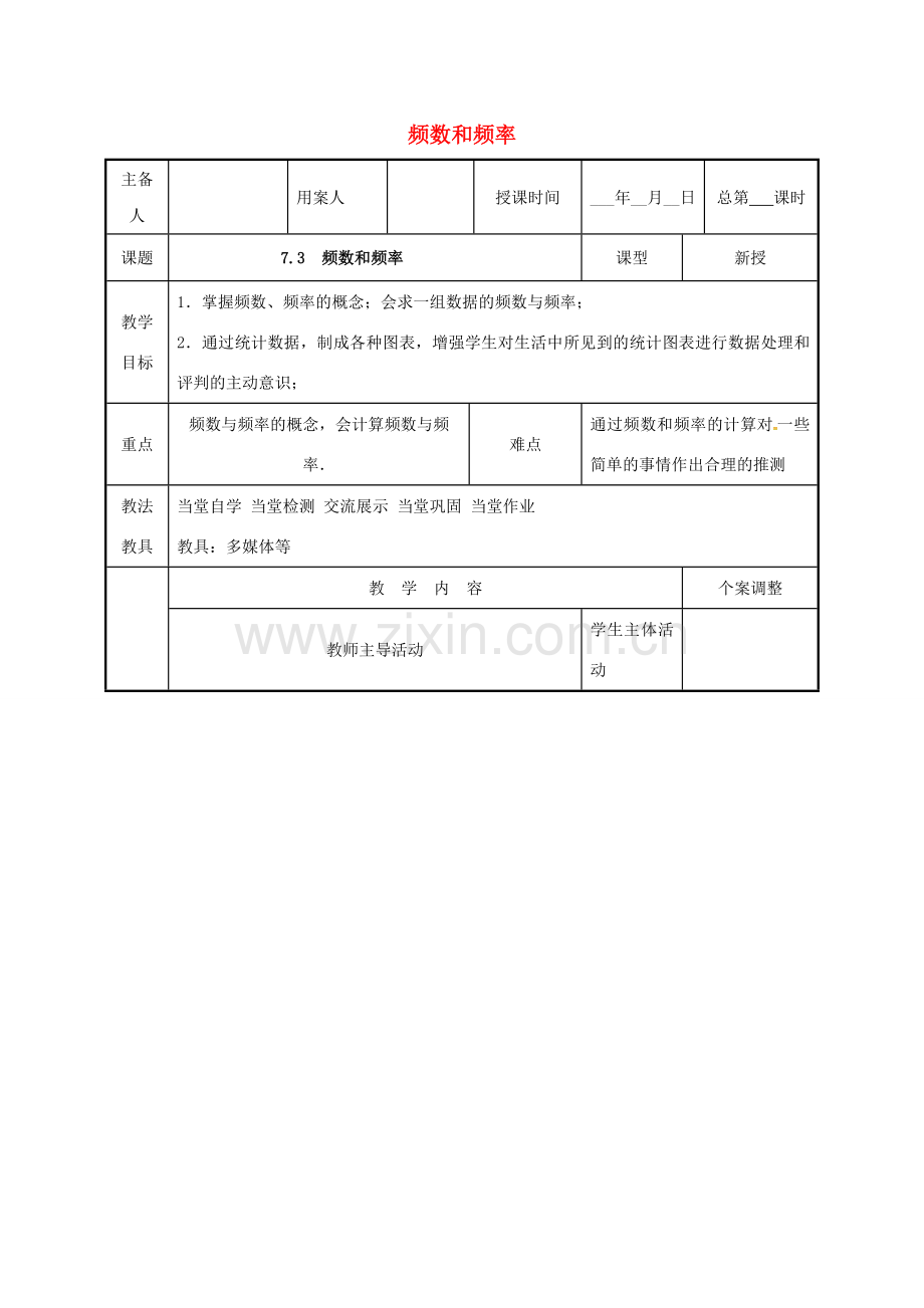 江苏省徐州市新沂市踢球山乡八年级数学下册 第七章 数据的收集、整理与描述 7.3 频数和频率教案 （新版）苏科版-（新版）苏科版初中八年级下册数学教案.doc_第1页