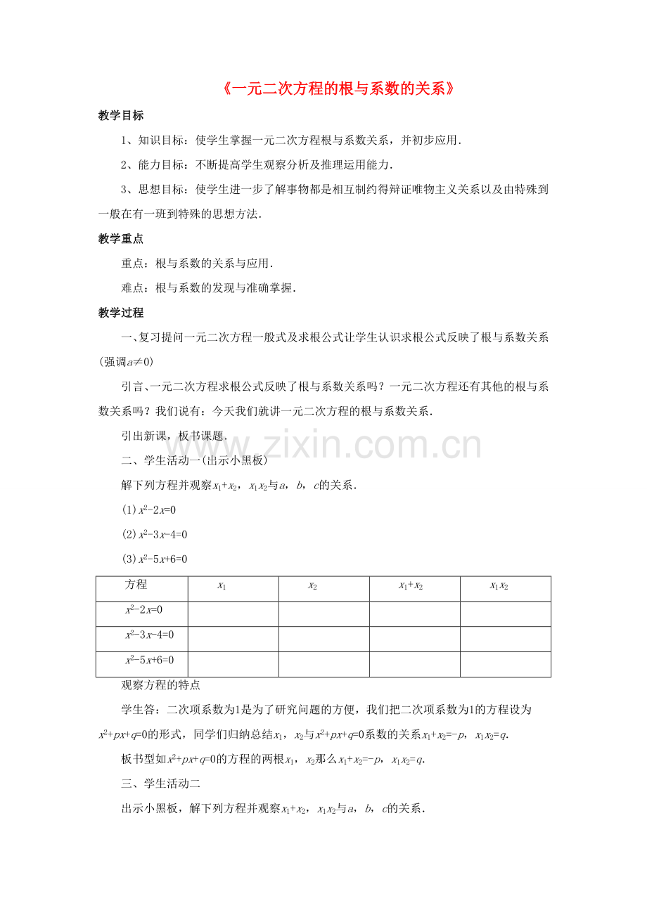 九年级数学上册 第四章 一元二次方程 4.6《一元二次方程的根与系数的关系》教案 （新版）青岛版-（新版）青岛版初中九年级上册数学教案.doc_第1页